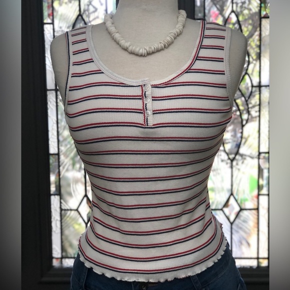 SO White with Red & Blue Stripes Henley Tank - Picture 1 of 6